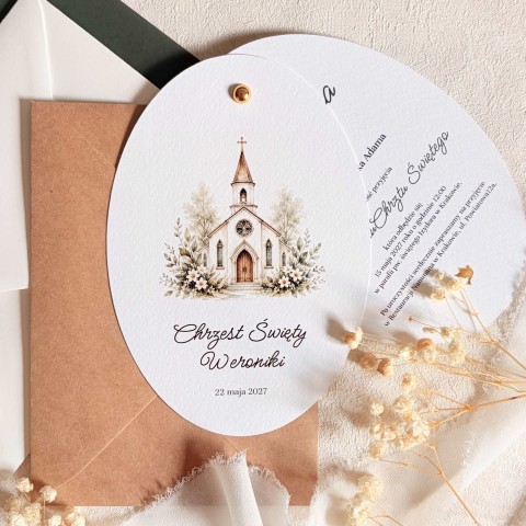Zaproszenia na chrzest na fakturowanym papierze z grafiką kościoła- Graceful Chapel