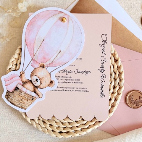 Zaproszenia na chrzest z różowym misiem w balonie i złotym pinem - Pink Teddy Balloon