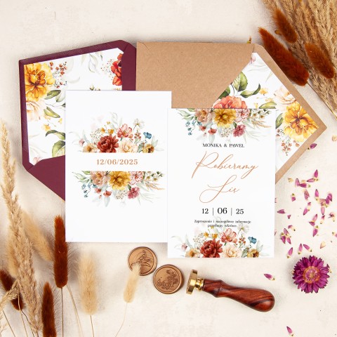 Save the date (powiadomienie o uroczystości) dwustronne karty z motywem pomarańczowych kwiatów - Summer Flowers