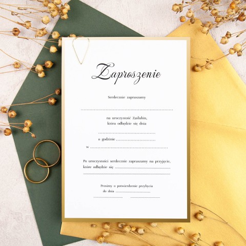 Eleganckie minimalistyczne zaproszenia ślubne ze złotą ramką i spinaczem do własnoręcznego uzupełnienia - Destiny - LAST MINUTE