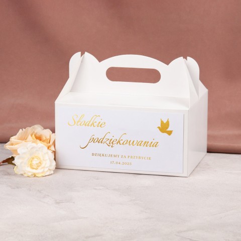 Eleganckie pudełko na ciasto z pozłacanymi napisami - Golden Dove