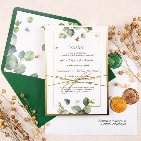Eleganckie zaproszenia na Chrzest Święty ze złotą ramką i listeczkami eukaliptusa - Eukaliptus Mirror