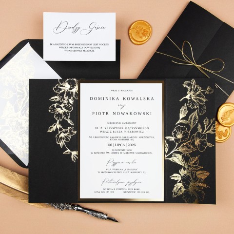 Eleganckie Zaproszenia Ślubne z kwiatowym pozłacanym motywem na czarnym papierze - Black Princess - PRÓBKA