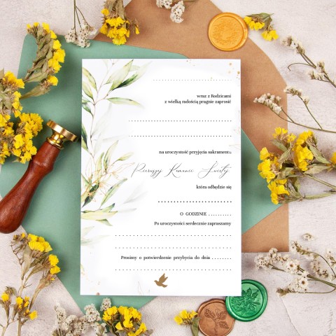 Zaproszenia na Komunię Świętą z motywem gałązki oliwnej do uzupełnienia - Green Peace Communion