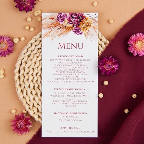 Jednokartowe menu na stoły weselne z motywem suszonych kwiatów i liści - Sunset, Dry Leaves