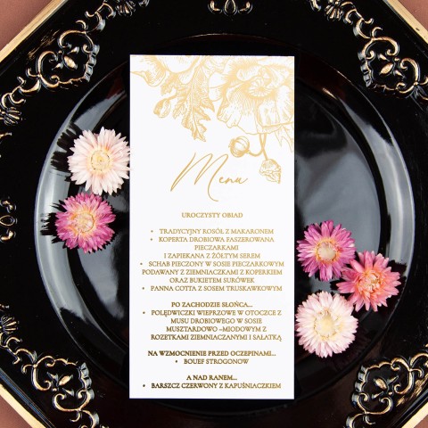 Jednokartowe menu na stoły weselne z pozłoconym kwiatowym motywem - Unique