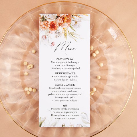 Jednokartowe menu z motywem delikatnych beżowych i różowych kwiatów - Beige Roses