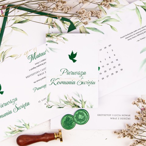 Zaproszenia harmonijka na Komunię Świętą dziecka z motywem zielonych listków - Green Garden Booklet