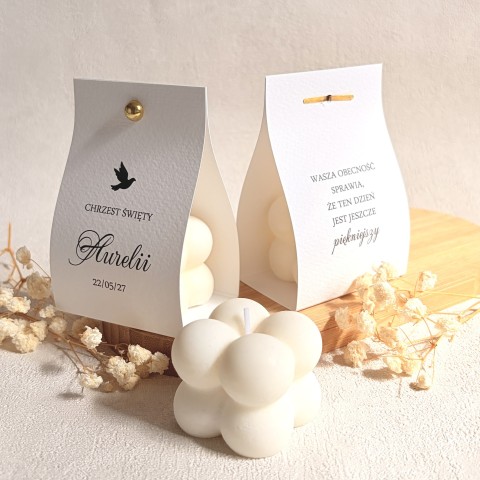Podziękowania dla gości na Chrzest – świeca sojowa bubble w białym etui