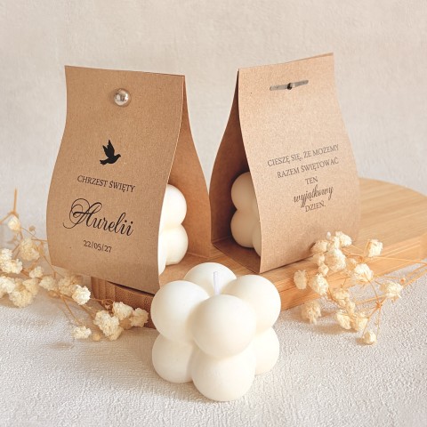 Podziękowania dla gości na Chrzest – świeca sojowa bubble w brązowym etui