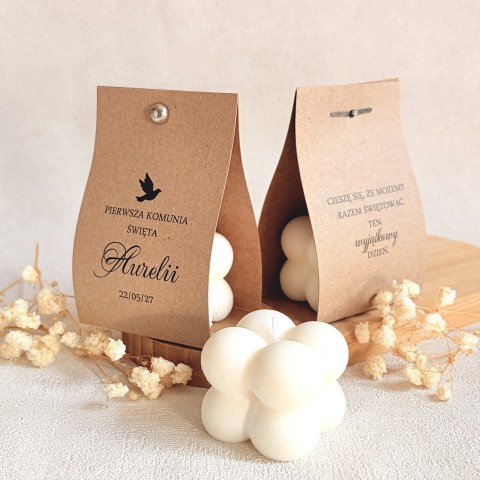 Podziękowania dla gości na Komunię – świeca sojowa bubble w brązowym etui
