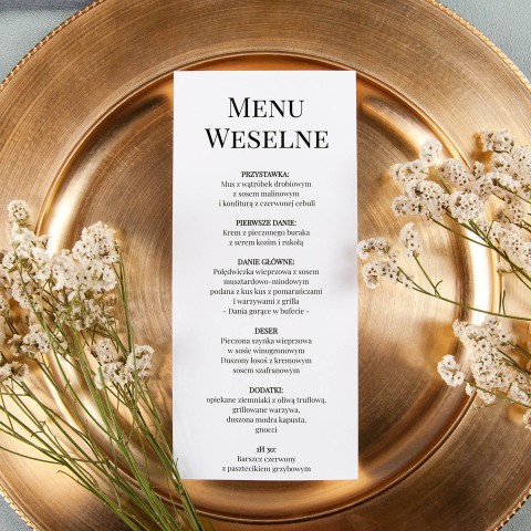 Minimalistyczne menu jednokartowe do położenia na stole lub talerzu - Unity White, Gorgeous White