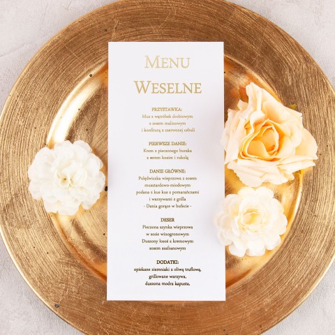Minimalistyczne menu jednokartowe do położenia na stole lub talerzu ze złotym wykończeniem - Slim White Gold