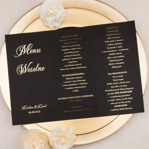 Minimalistyczne pozłacane otwierane menu weselne - Gold Mirror Black