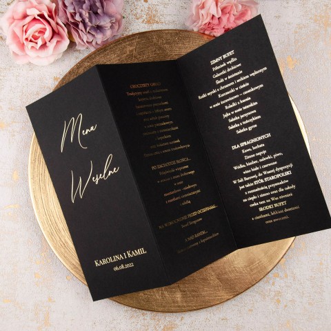 Minimalistyczne pozłacane otwierane menu weselne - Minimalist Black