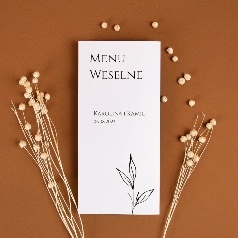 Minimalistyczne rozkładane menu weselne z motywem delikatnej gałązki - Wild, Kingdom, Queen