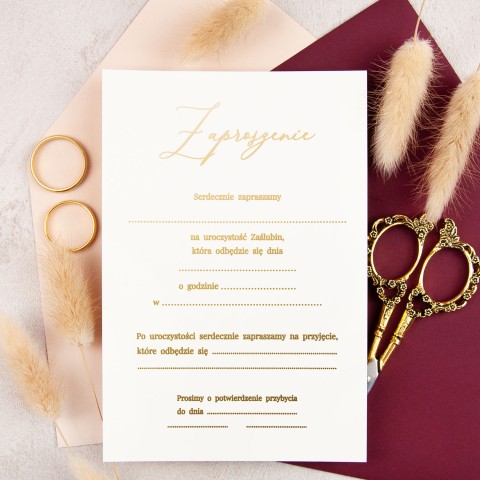 Minimalistyczne zaproszenia ślubne pozłacane na papierze ecru do własnoręcznego uzupełnienia - Nirvana - LAST MINUTE