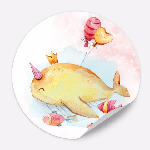 Naklejki okrągłe lub prostokątne na Urodziny dla dziewczynki w odcieniach różu z wielorybem - Yellow Whale