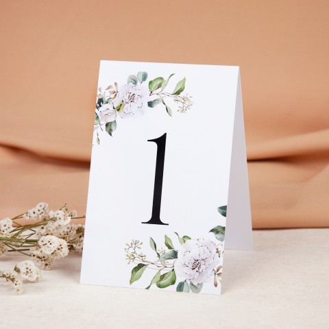 Numery stołów weselnych z motywem białych kwiatów wolnostojące - White Circle