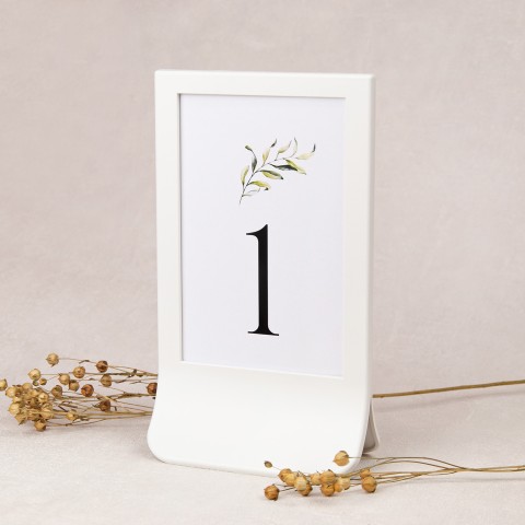 Numery stołów weselnych z motywem gałązki oliwnej w białej ramce - Olive Brunch