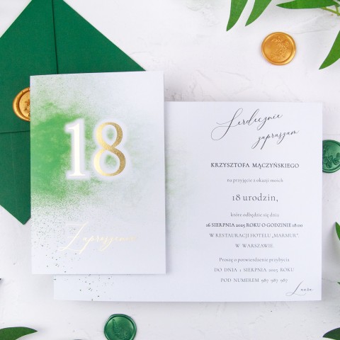 Oryginalne zaproszenia na 18 urodziny z zielonym pyłkiem - Green Speck