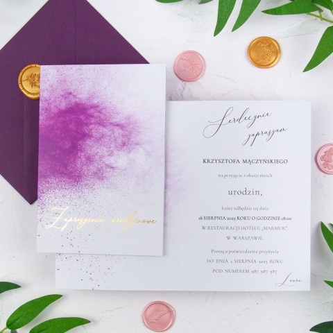 Oryginalne zaproszenia na urodziny z motywem fioletowego pyłu - Purple Speck