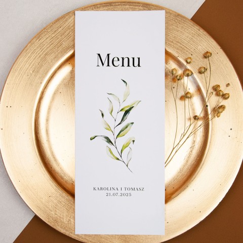 Otwierane menu na stoły weselne z motywem gałązki - Olive Brunch