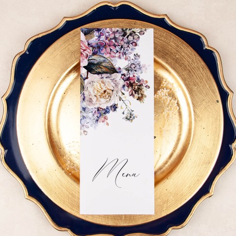 Otwierane menu na stoły weselne z motywem kwiatów piwonii i bzu - BFF