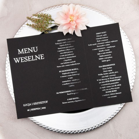 Otwierane menu na stoły weselne ze srebrnym wykończeniem - Slim Black Silver