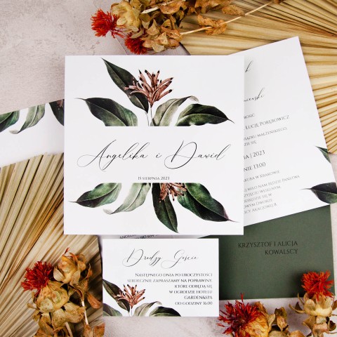 Otwierane zaproszenia ślubne z motywami tropikalnych liści i kwiatów - Bush