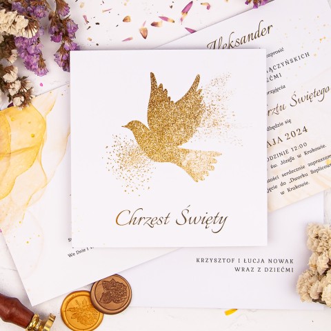Otwierane zaproszenia na Chrzest Święty z motywem złotego gołębia - Golden Dove