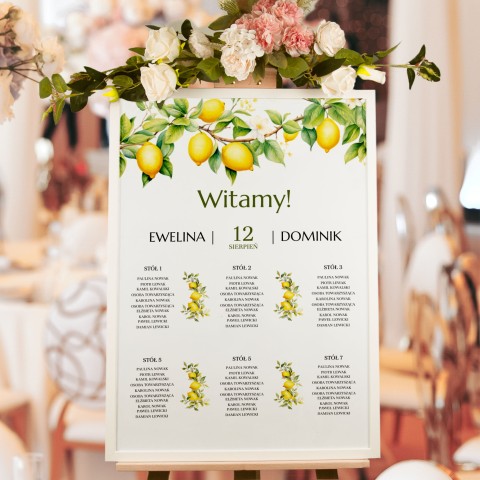 Plan rozmieszczenia gości weselnych z motywem cytryn - Lemon Tree