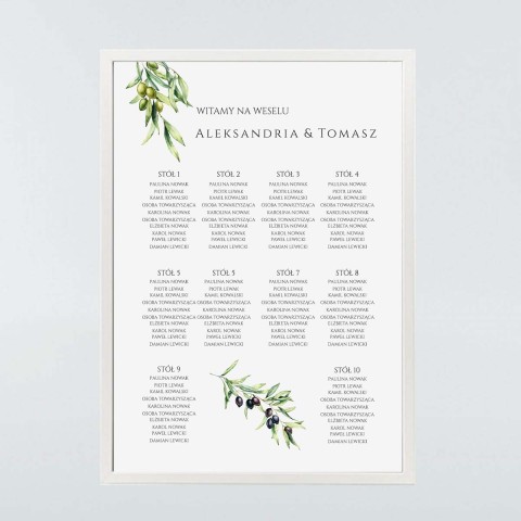 Plan Sali weselnej (rozmieszczenie gości) z gałązką oliwną - Pure Olive 