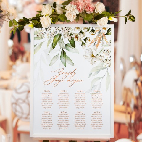 Plan sali weselnej (rozmieszczenie gości) z beżowymi i białymi polnymi kwiatami - Wild Flowers