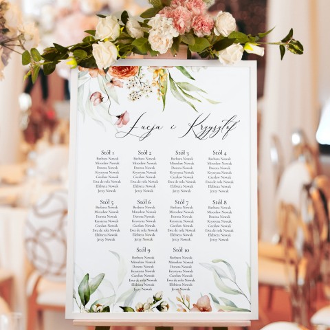 Plan sali weselnej (rozmieszczenie gości) z beżowymi i różowymi kwiatami - Beige Roses
