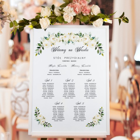 Plan sali weselnej (rozmieszczenie gości) z białymi kwiatami - White Roses