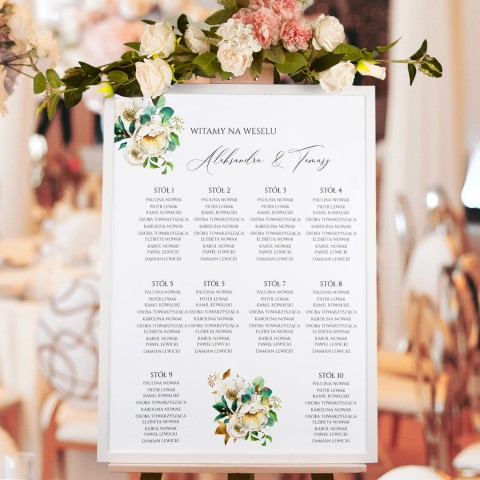 Plan Sali weselnej (rozmieszczenie gości) z bukietem białych kwiatów - Floral Case