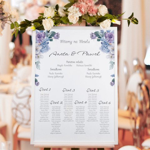 Plan sali weselnej (rozmieszczenie gości) z fioletowymi kwiatami - Reflection