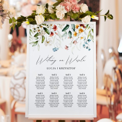 Plan sali weselnej (rozmieszczenie gości) z kolorowymi polnymi kwiatami - Field Flowers