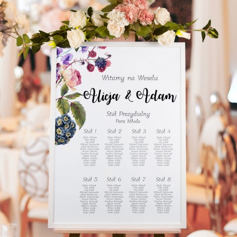 Plan sali weselnej (rozmieszczenie gości) z kolorowymi wiosennymi kwiatami - Spring