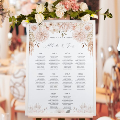 Plan Sali weselnej (rozmieszczenie gości) z kwiatami boho - Pastel Boho