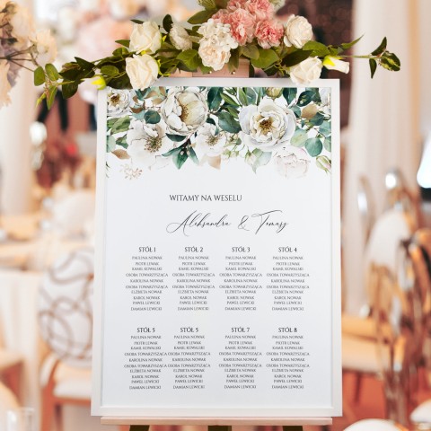 Plan Sali weselnej (rozmieszczenie gości) z motywem delikatnych białych kwiatów - White