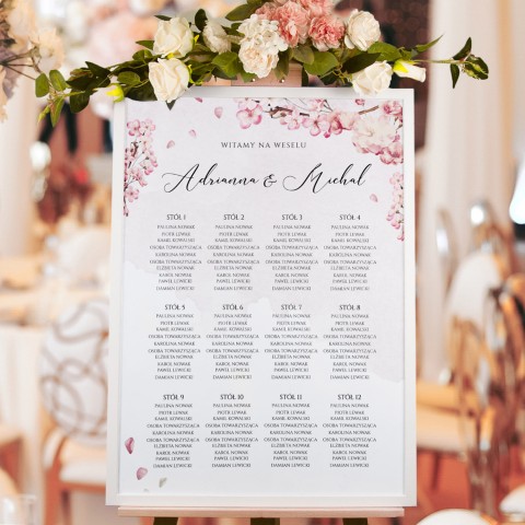 Plan Sali weselnej (rozmieszczenie gości) z motywem kwiatów wiśni - Cherry Blossom