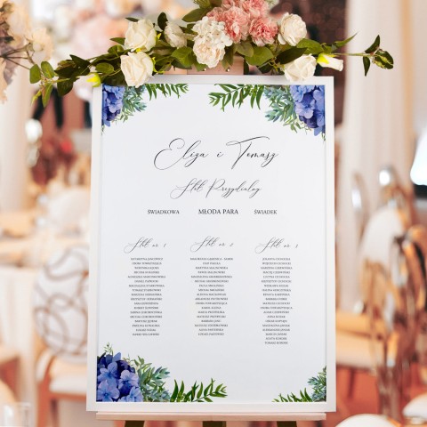 Plan sali weselnej (rozmieszczenie gości) z motywem niebieskich kwiatów - Blue Monday