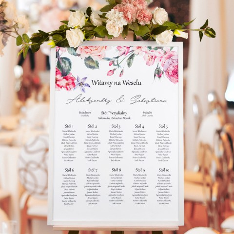 Plan sali weselnej (rozmieszczenie gości) z różowymi kwiatami - Honeybee