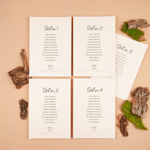 Plany stołów weselnych (rozmieszczenie gości) na pojedynczych kartach - Rural White