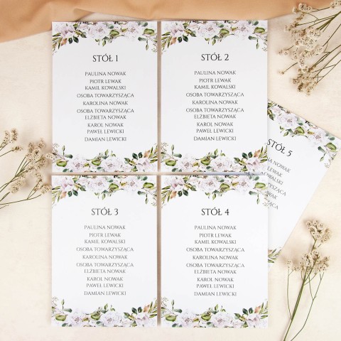 Plany stołów weselnych (rozmieszczenie gości) na pojedynczych kartach z motywami białych kwiatów - White Circle