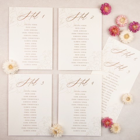 Plany stołów weselnych (rozmieszczenie gości) na pojedynczych kartach z motywem delikatnych kwiatów - Lily Ecru