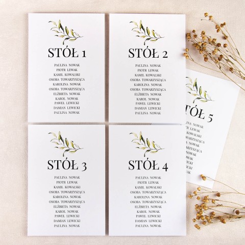 Plany stołów weselnych (rozmieszczenie gości) na pojedynczych kartach z motywem gałązki oliwnej - Olive Brunch