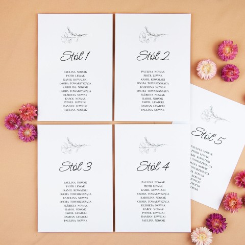 Plany stołów weselnych (rozmieszczenie gości) na pojedynczych kartach z motywem szkicowanego maku - Simple Poppy